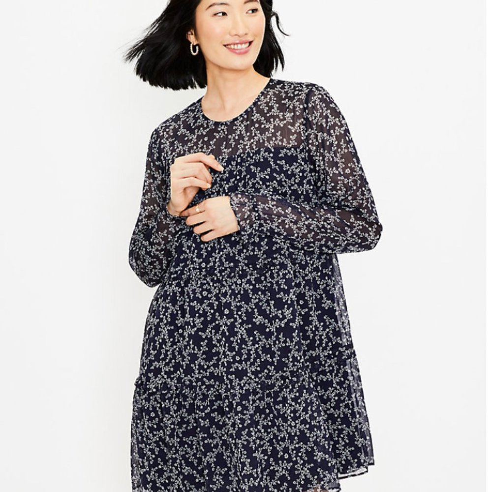 LOFT Floral Ruffle Tiered Swing Dress XS